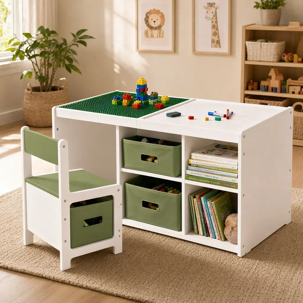 ARCH Kids 2-in-1 Play Table and Chairs Set with 7 Storage Compartments, LEGO-Compatible Reversible Tabletop, MDF Activity Learning Furniture for Playroom Classroom, White+Green, Assembly Required, 11.22" W X 12.01" D X 20.87" H, 34.25" L X 25" W X 5.51" H