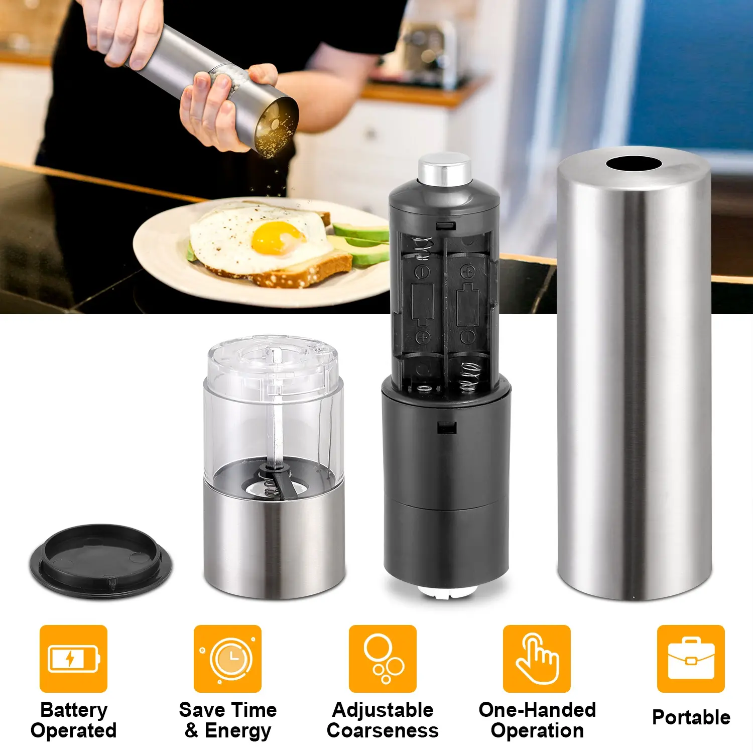 Electric Salt Pepper Grinder With Light Adjustable Coarseness Stainless Steel Salt Pepper Shaker Battery Operated Pepper Grinder Mill Easy Refill And Clean For Kitchen Preparing