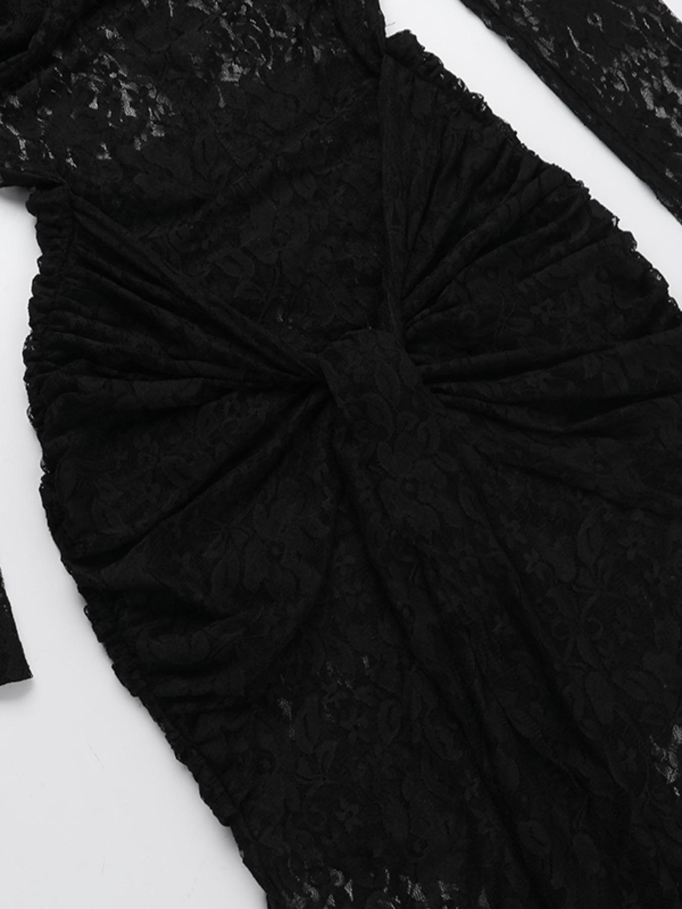 Styles by Faith Howard Women's Ruched Sheer Floral Lace Bodycon Dress, Elegant Long Sleeve Round Neck Maxi Dress for Party Holiday Wedding Guest, Ladies Fall & Winter Clothes