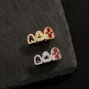Four-Leaf Clover Double Heart Grillz Teeth Caps, Hollow Gold Plated Big Shiny Cubic Zirconia Teeth Jewelry, Super Sparkly Christmas Hip Hop Teeth Accessories for Party