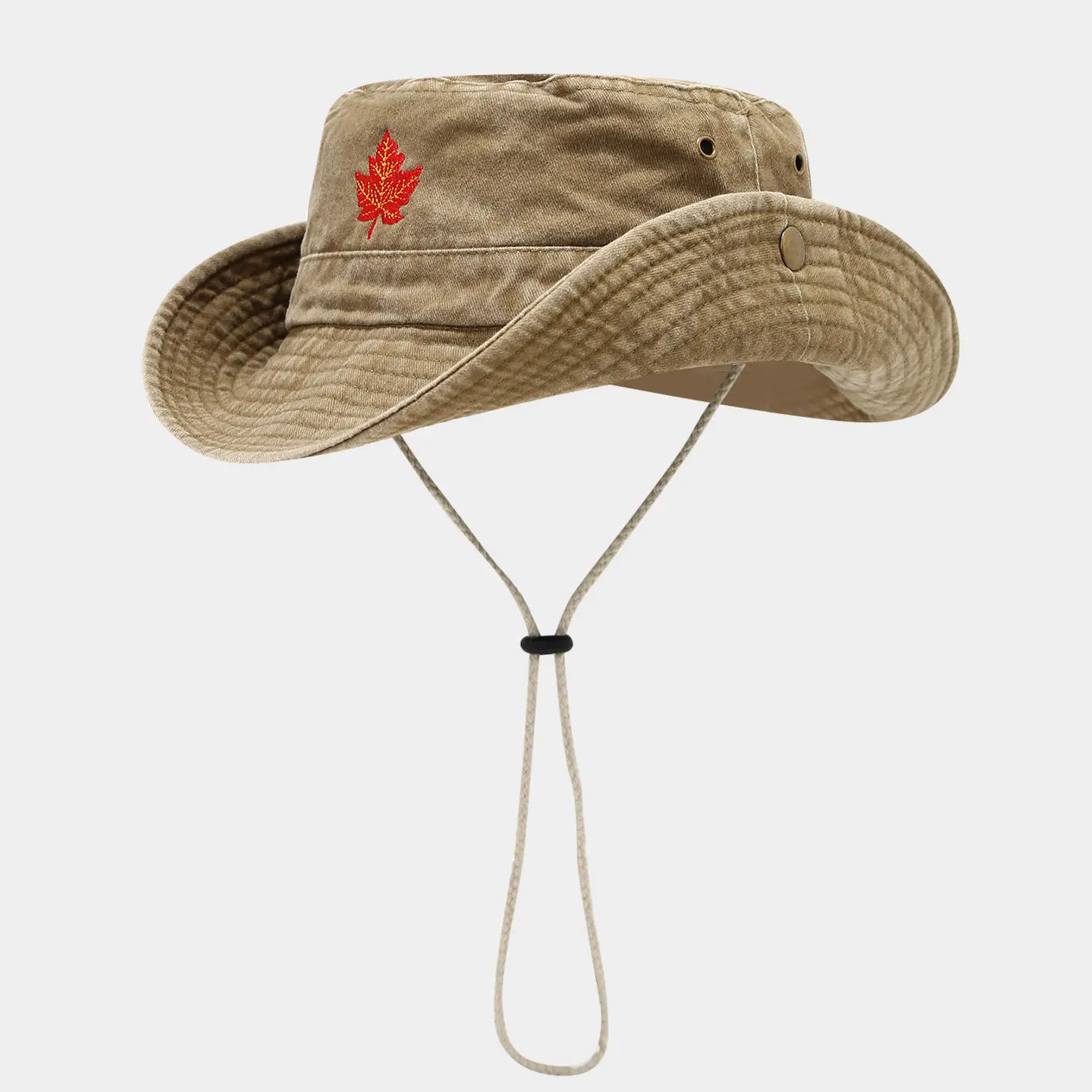 Vintage Washed Cotton Maple Leaf Embroidered Bucket Hat • Gorpcore Outdoor Sun Protective Hiking Cap with Adjustable Chin Cord for Women Men, Sporty Chic, Adjustable Cap Sports & Outdoor Hats, Hiking / Light Outdoor