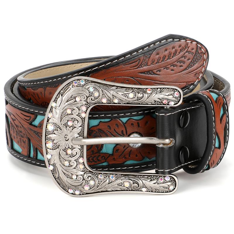 XZQTIVE Unveils Timeless Western Glamour: A Versatile, Cowboy-Inspired Leather Belt Adorned with Intricate Floral Embossing & a Captivating Rhinestone-Encrusted Turquoise Longhorn Buckle for All Boho Leaf Embossed Western Belt