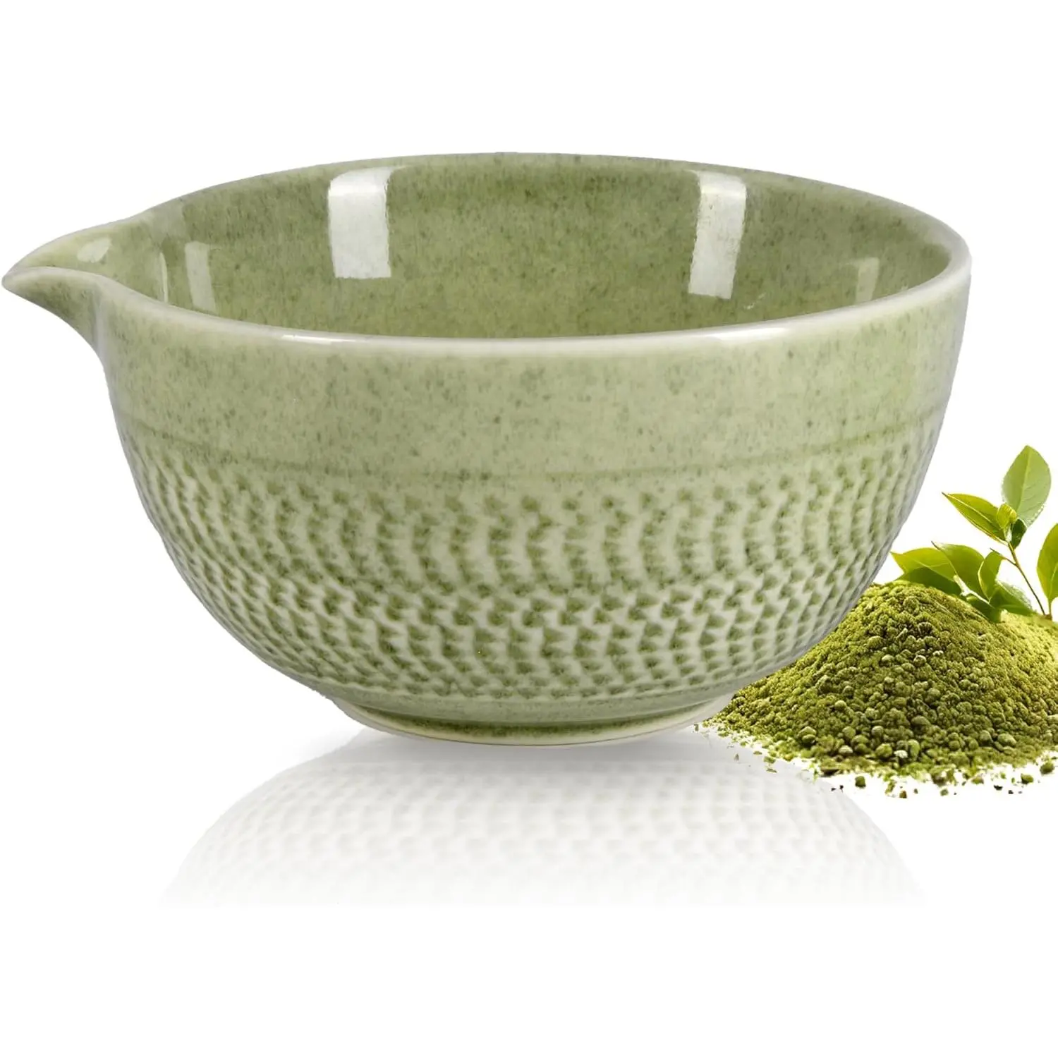 Classic 500 ml/18 oz Ceramic Bowl with Spout, Japanese Ceremonial Chawan for Matcha Powder, Salad, Fruit - Green