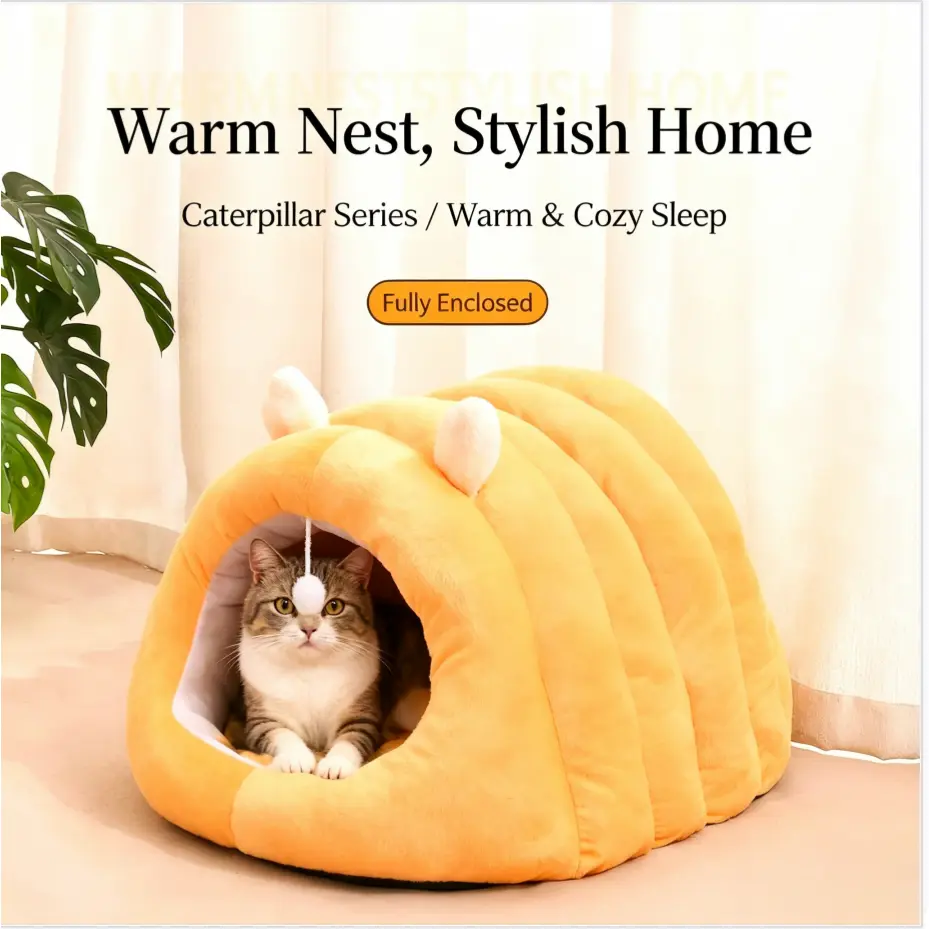 Caterpillar Nest Bed for Small Dogs & Cats, Warm 4-Season Universal Pet House for Household & Car Use
