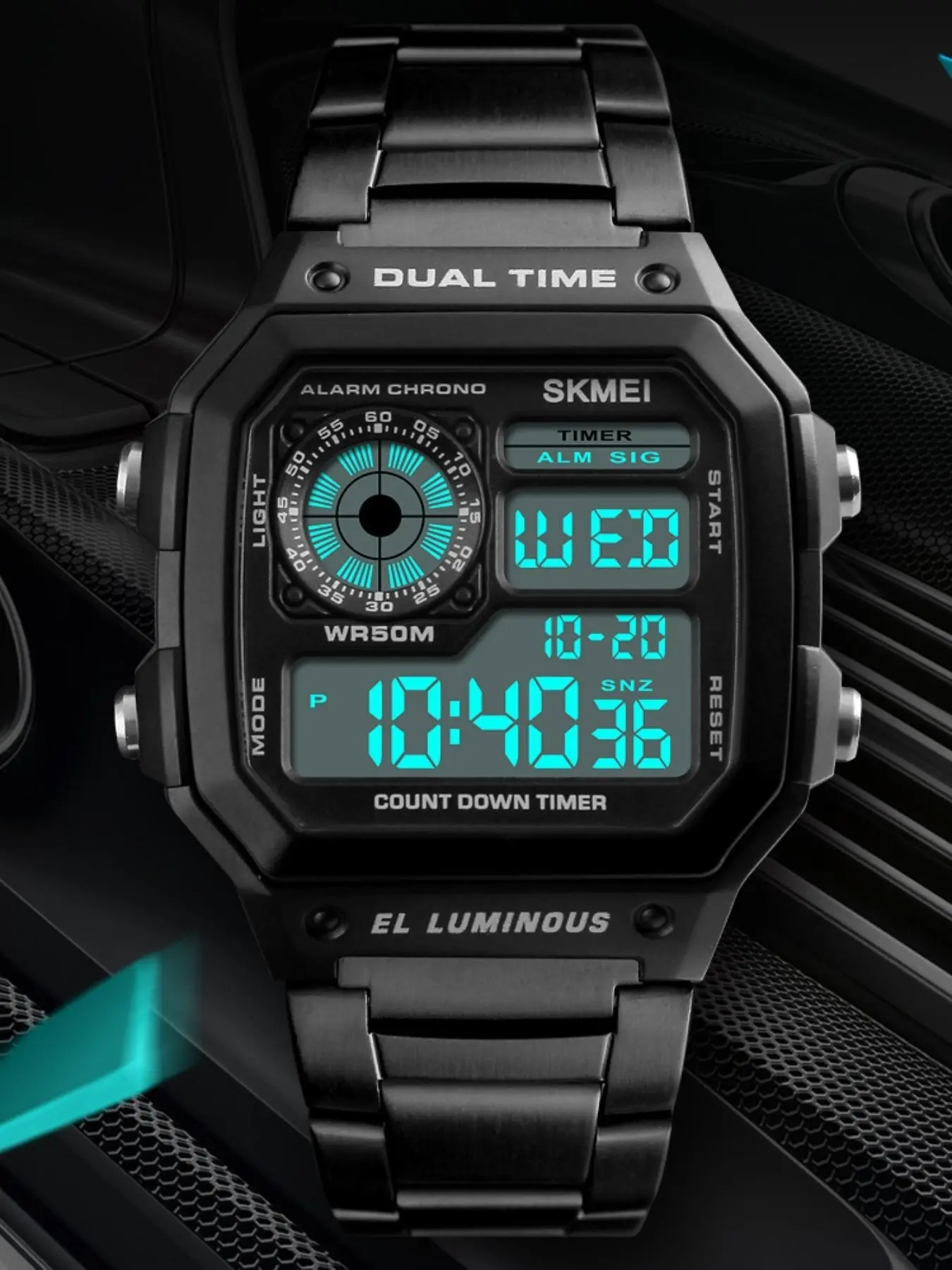 SKMEI Dual Time Zone Digital Watch, Multifunctional Sports Design, 50m Waterproof with Luminous Features, Stylish Men's Essential in, Rose, Silver Color