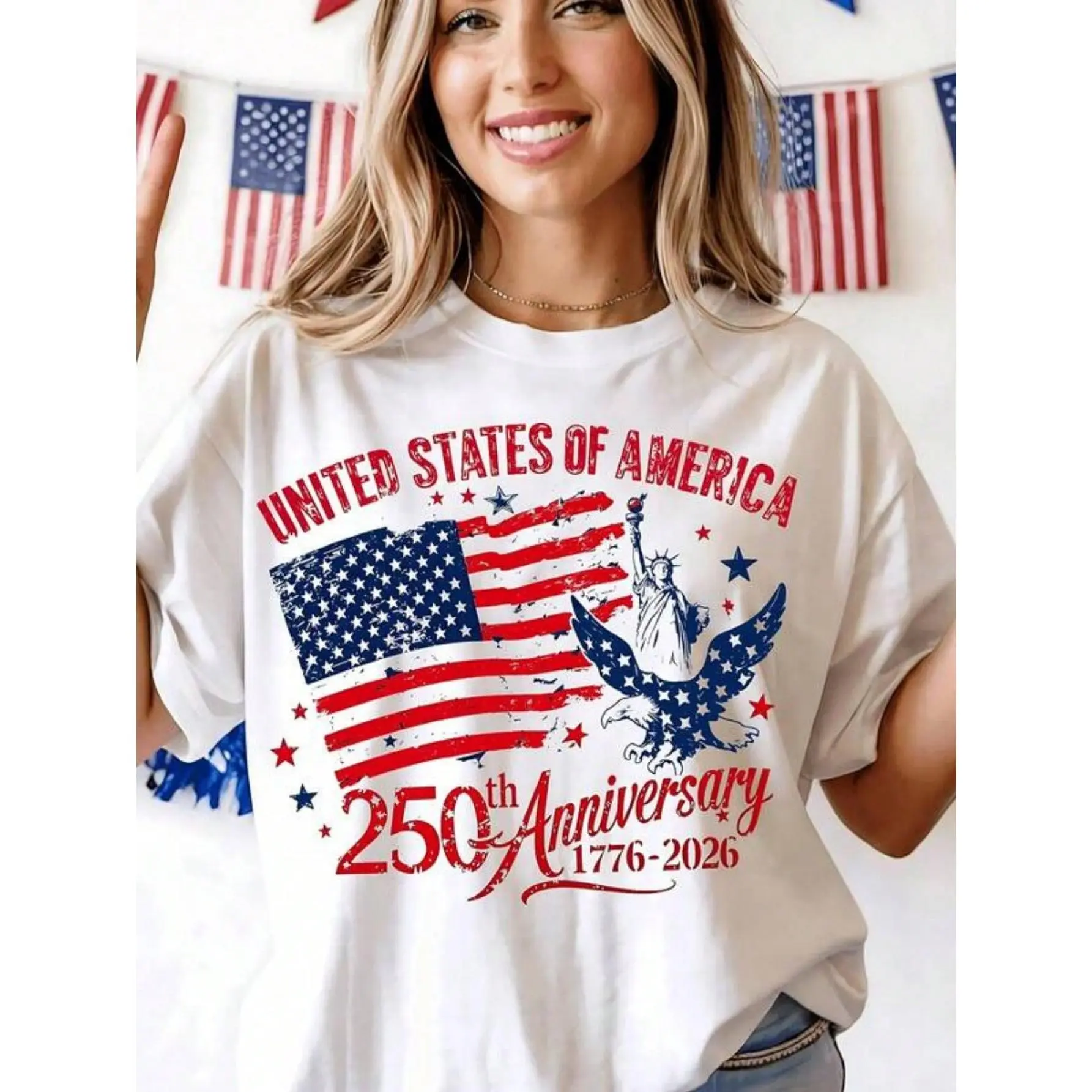 250th America Anniversary Elegant Women Clothes, US 250 Years Shirt, Retro Women Clothing 100 Persent Cotton Round Neck T-Shirt, We The People Shirt