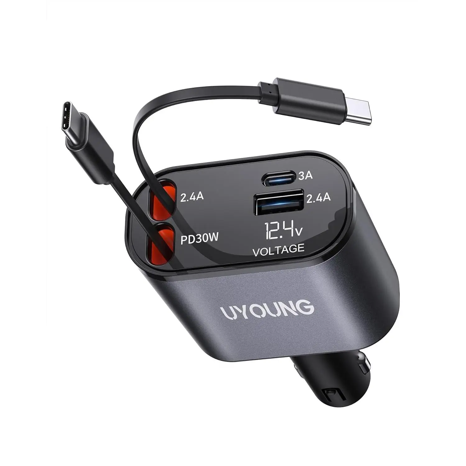 Car Phone Charger Retractable Car Charger 4 in 1 Fast Charger 30W Double USB Type Retractable Cables 31.5 Inch and 2 USB Ports Car Charger Adapter for iPhone 17/16/15/14/13/12,Samsung,Pixel,iPad