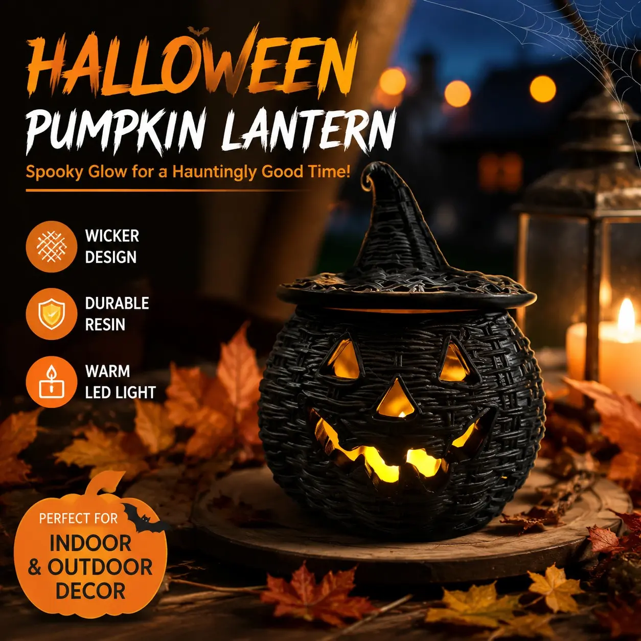 Halloween Woven Pumpkin Resin Lamp Decor, Handmade Rattan Pumpkin Lantern, Modern Gothic Pumpkin Candle Holder, Halloween Party Decoration