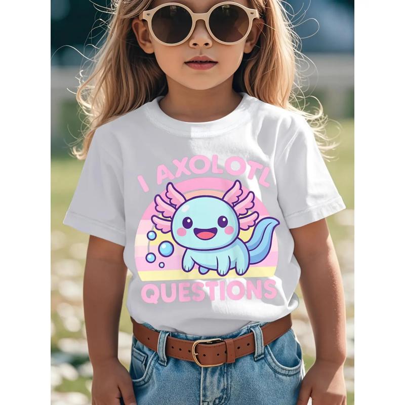 Girls' Funny Cute Axolotl Graphic T-Shirt - "I Axolotl Questions" Slogan with Pink Lettering & Mexican Walking Fish Design, Soft Round Neck Short Sleeve Casual Summer Top for Casual Attire, Playdates & Themed Events - Breathable Comfortable 'pparel