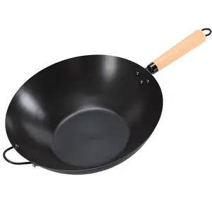 Nonstick Carbon Steel Wok Pre-Seasoned Flat Bottom Chinese Pan Compatible with Induction BBQ and Camping
