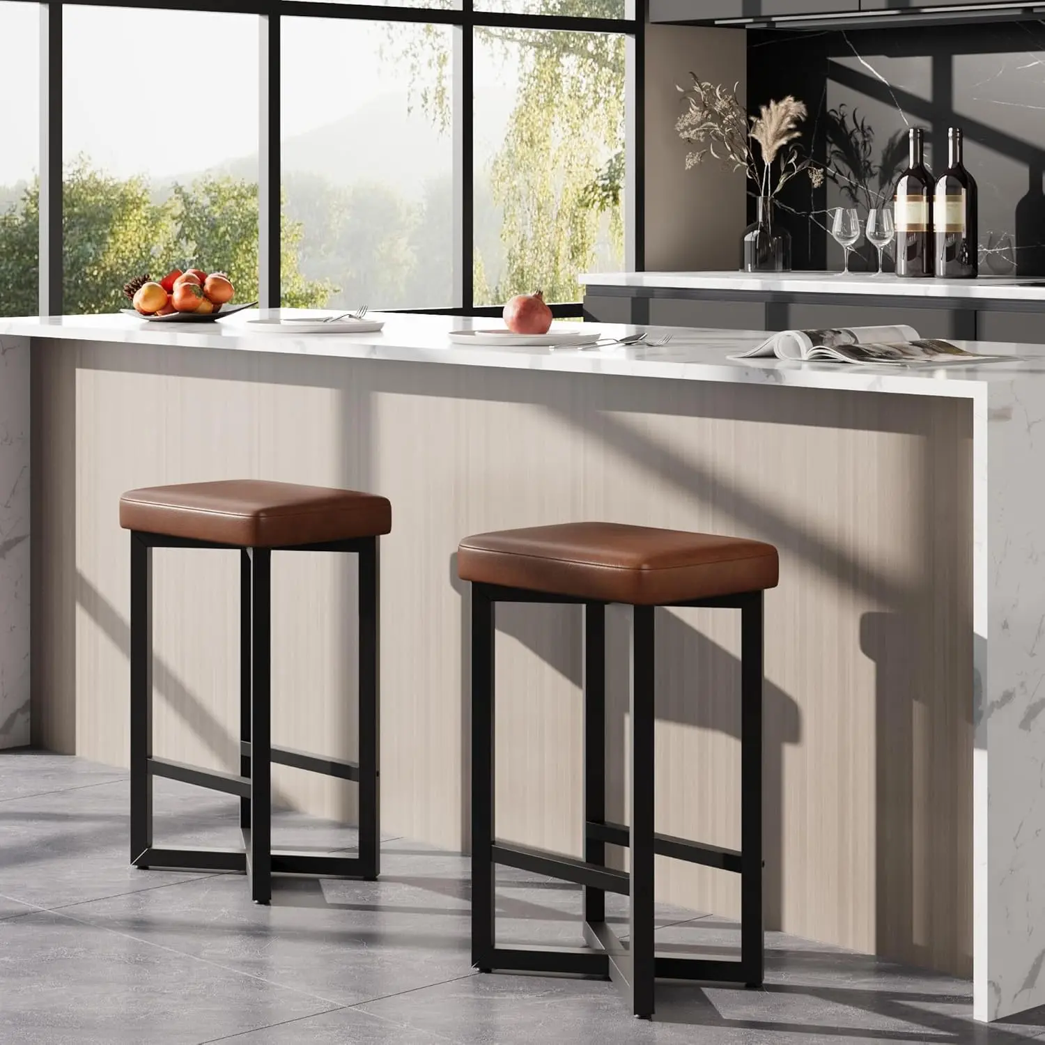 2-Piece Industrial Counter Height Brown PU Leather Backless Counter Stools - 24.6" Upholstered Seating, Sturdy Metal X-Frame, Pre-Drilled Footrest, Space-Saving for Kitchen, Home Bar