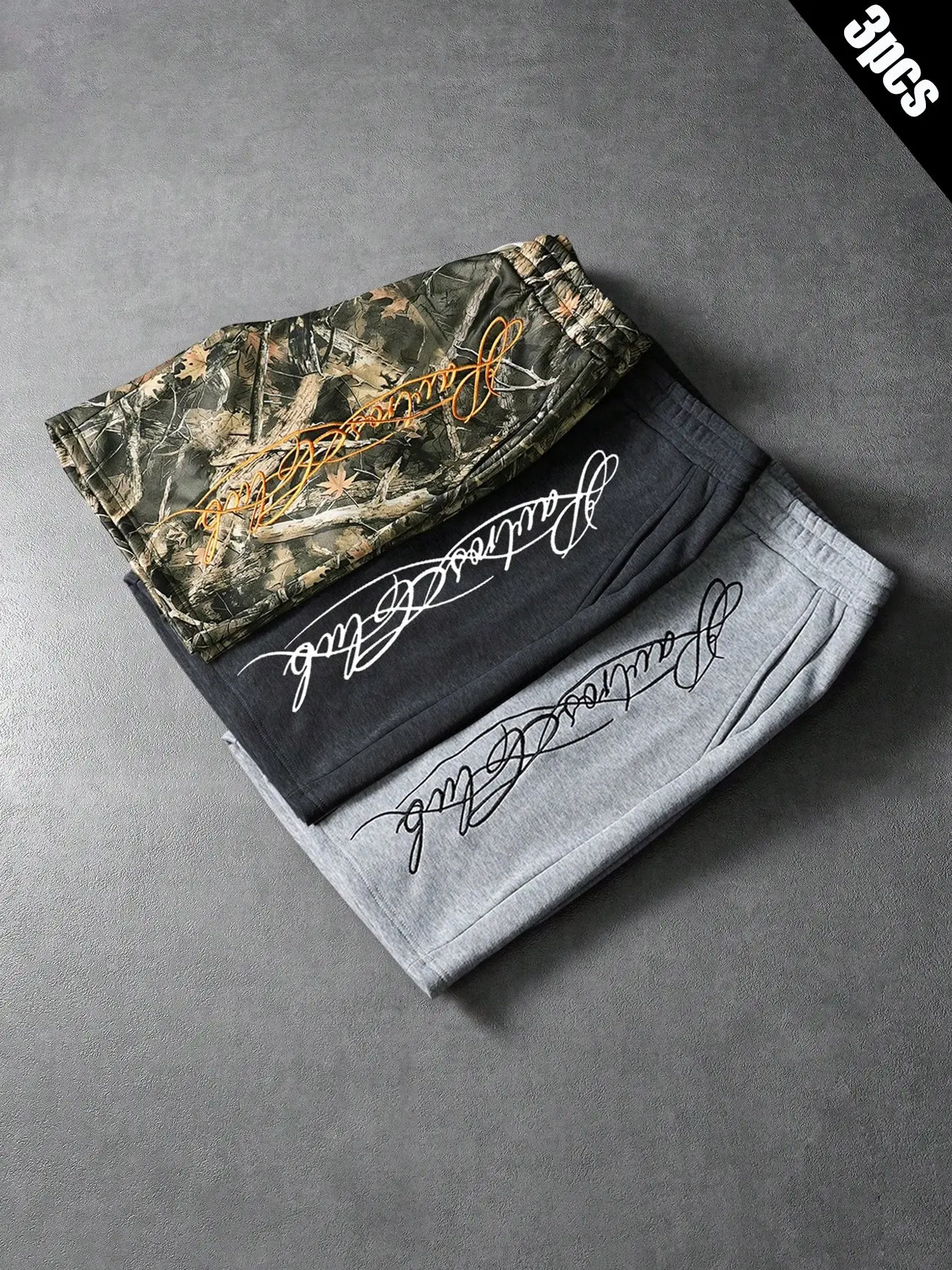 Men's Vintage Camo Handwritten Embroidery Casual Gym Athletic Lightweight Workout Shorts Set, Elastic Drawstring Waist, Loose Fit, Breathable Fabric, Summer Workout Athleisure Shorts