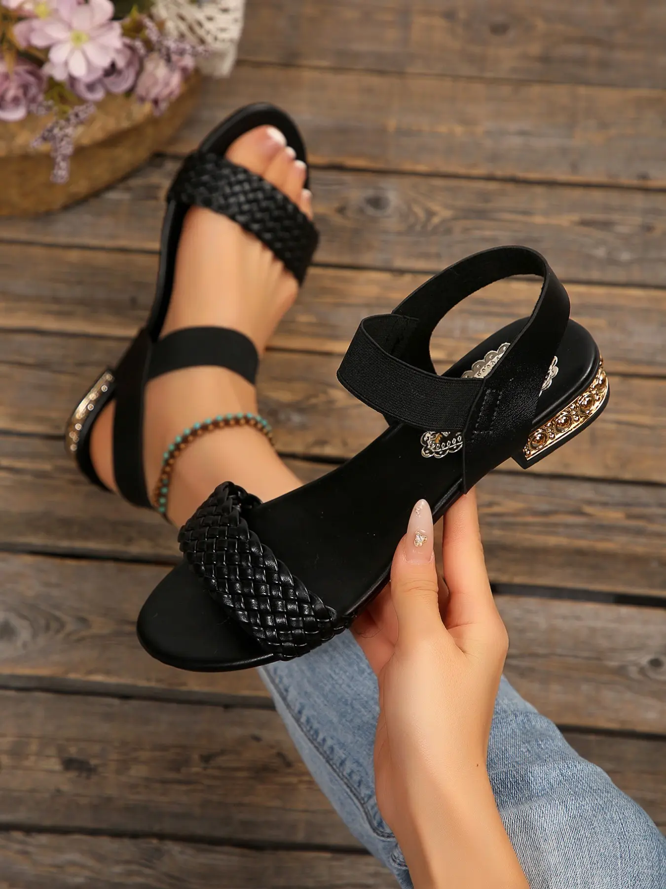 Women's Casual Flat Sandals, Breathable Textile Upper, Elastic Ankle Strap, Shock-Absorbing Sole, Comfortable Daily Wear