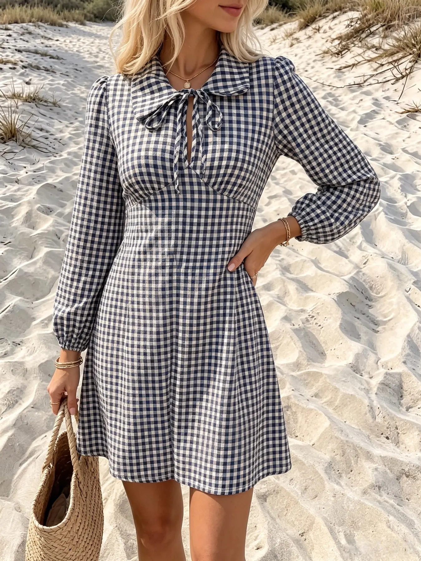 Navy Blue Gingham Mini Dress Bow Peter Pan Collar Puff Long Sleeve A Line Fall Vacation Sundress Women Vintage Plaid Collared Dress Front Tie Keyhole Long Sleeve Casual Travel Outfit Preppy Gingham Bow Collar Long Sleeve Mini Dress Back Zipper Flowy