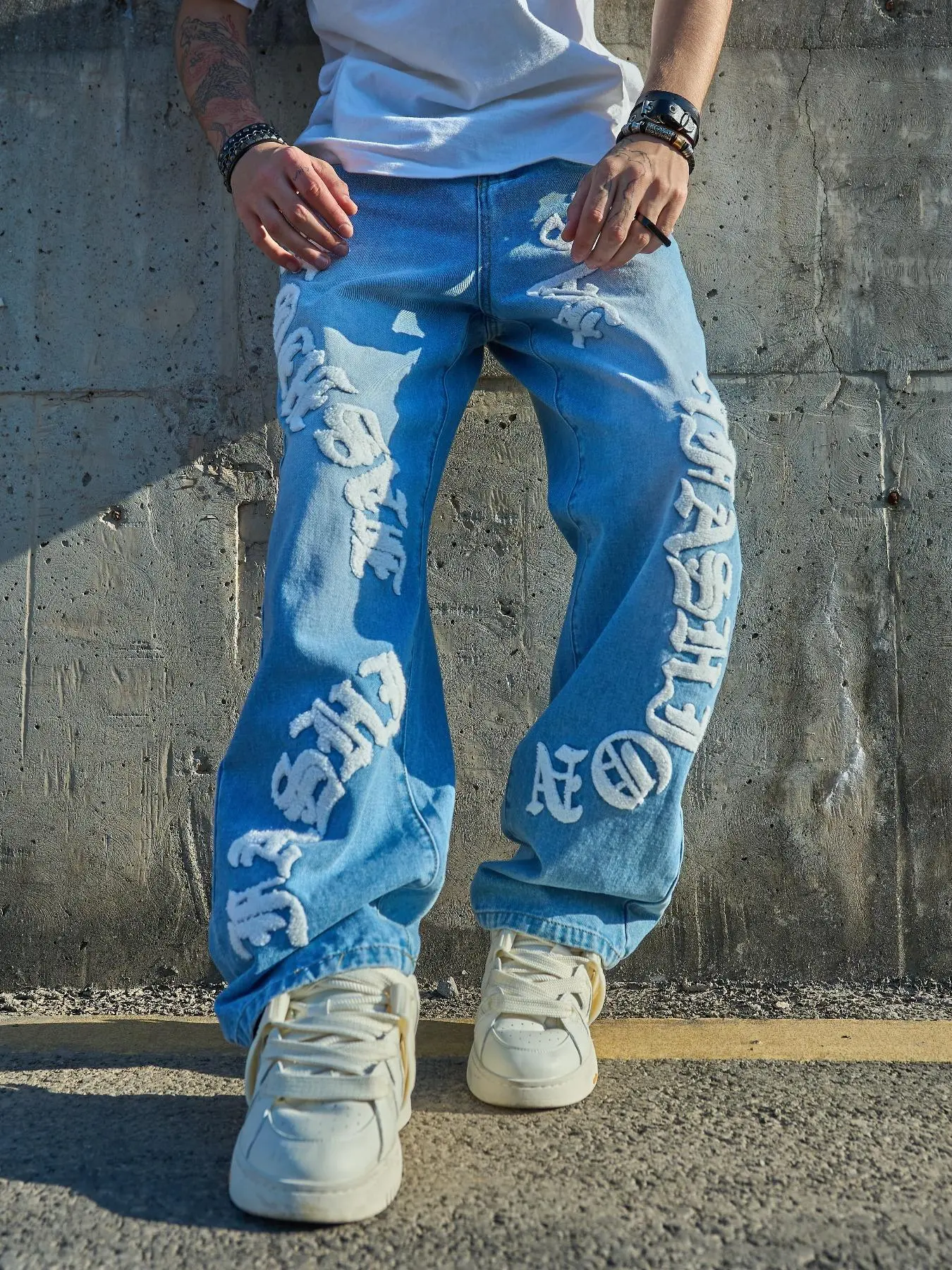Men's Letter Print Denim Jeans Bottom, Denim Streetwear, Loose Casual Straight Leg Jeans for Daily Wear, Men's Trousers for All Seasons