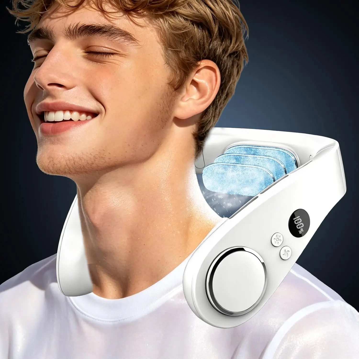 Neck Fan with Cooling Plate-24H Quiet Powerful Fans that Blow Cold Air-5 Speed&Power LED Display-USB 5500mAh Bladeless Wearable Personal AC Cooler for Women,Men,Kids,Travel,Outside,Indoor WhiteGift