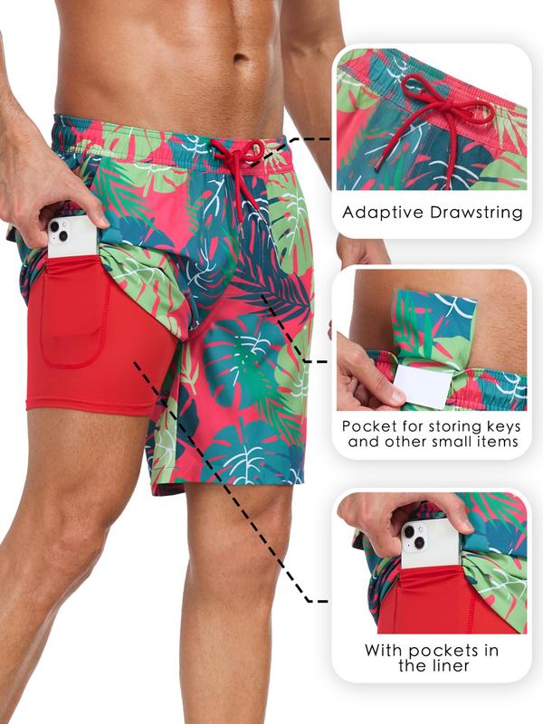 Men's 2-In-1 Swim Trunks, 7 Inch Swimming Shorts Beach Pants, Quick Dry Gym Shorts with Compression Lining, Gym Vacation Pool Wear