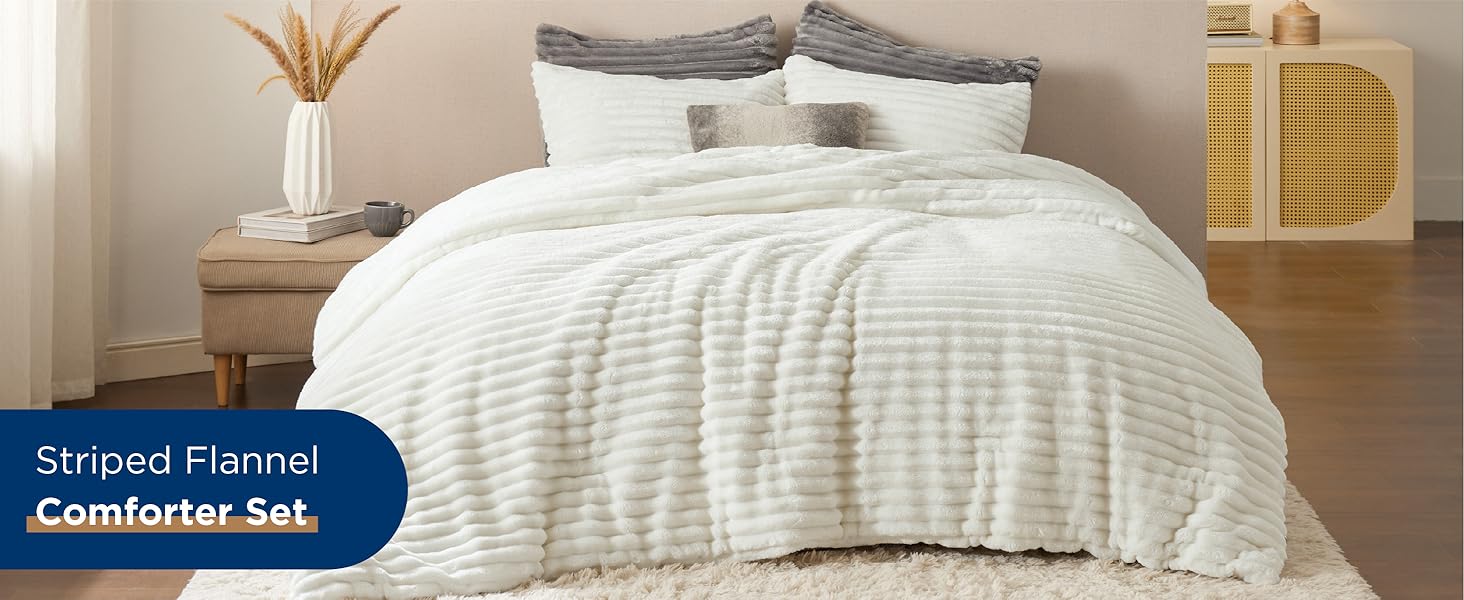 3-Piece GentleSoft Double-Side Fleece Fluffy White Queen Size Comforter Set, 2 Pillowcases, 90x90 Inches, Cozy Striped Luxury Home Bedding Decor, Home Supply, Three-Piece