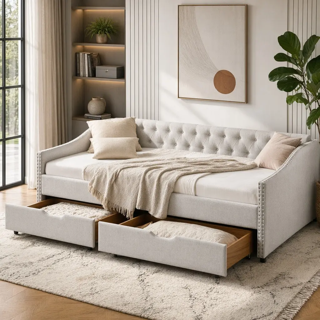 Mid-Century Button Tufted Queen Daybed Sofa with Drawers, Waved Arms with Copper Nails, Beige, 84.5"x63.5"x26.5"