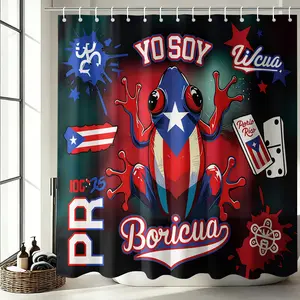 Puerto Rican Coqui Frog Shower Curtain with 12 Plastic Hooks, Tropical Hibiscus Flower with Puerto Rico Flag Design, Leopard Print & Palm Leaf Accents, Jungle Foliage Background, Bathroom Curtain, Bathroom Decor