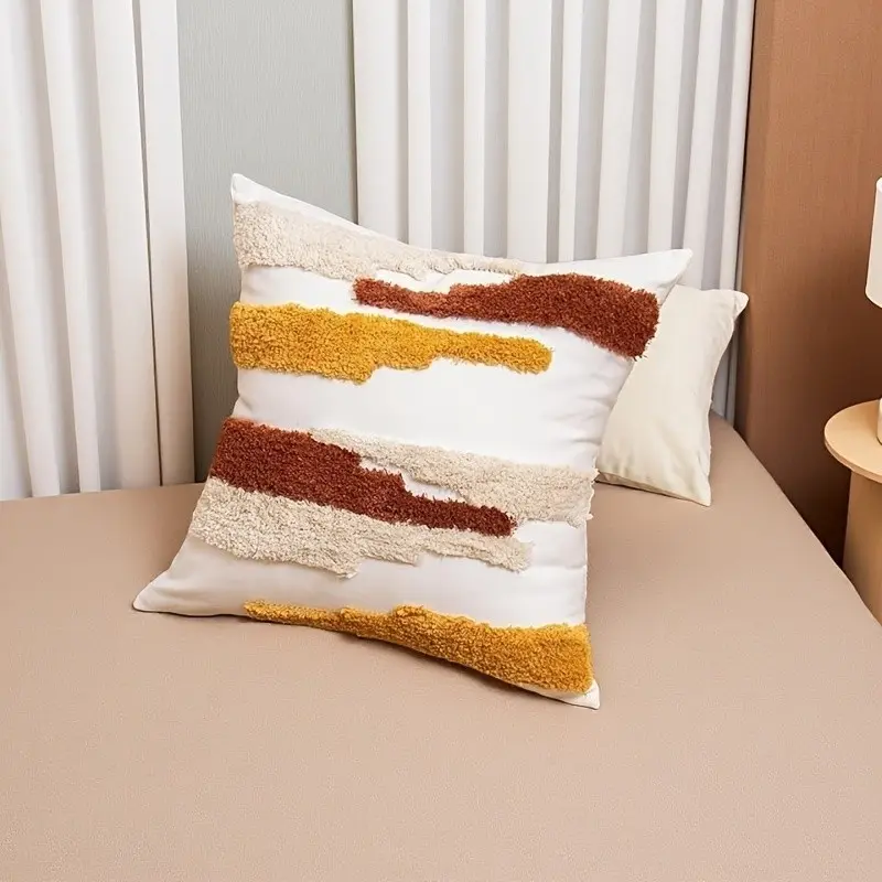 Bohemian Vintage Pillowcase, Colorblock Striped Plush Cushion Cover, Autumn Warm Textured Decorative Pillowcase, Living Room Bedroom Accent