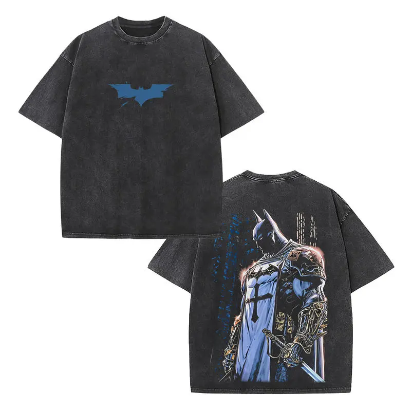 Retro Dark Knight Worn Blue Bat Chest Symbol & Medieval Tunic Sword Warrior Full Back Bust Portrait Dual-Sided Vintage Washed Black T-Shirt, Unisex Oversized Heavyweight Cotton Streetwear Top, Ideal Gift for Dark Knight Fans