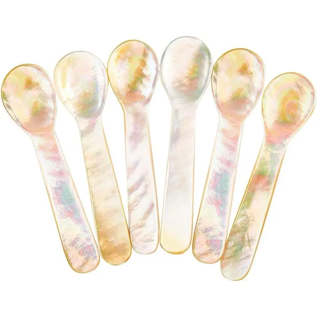 DUEBEL Set of 6 Shining Mother of Pearl MOP 7.5x2cm Shell Spoons for Caviar, Egg Serving (Shining)