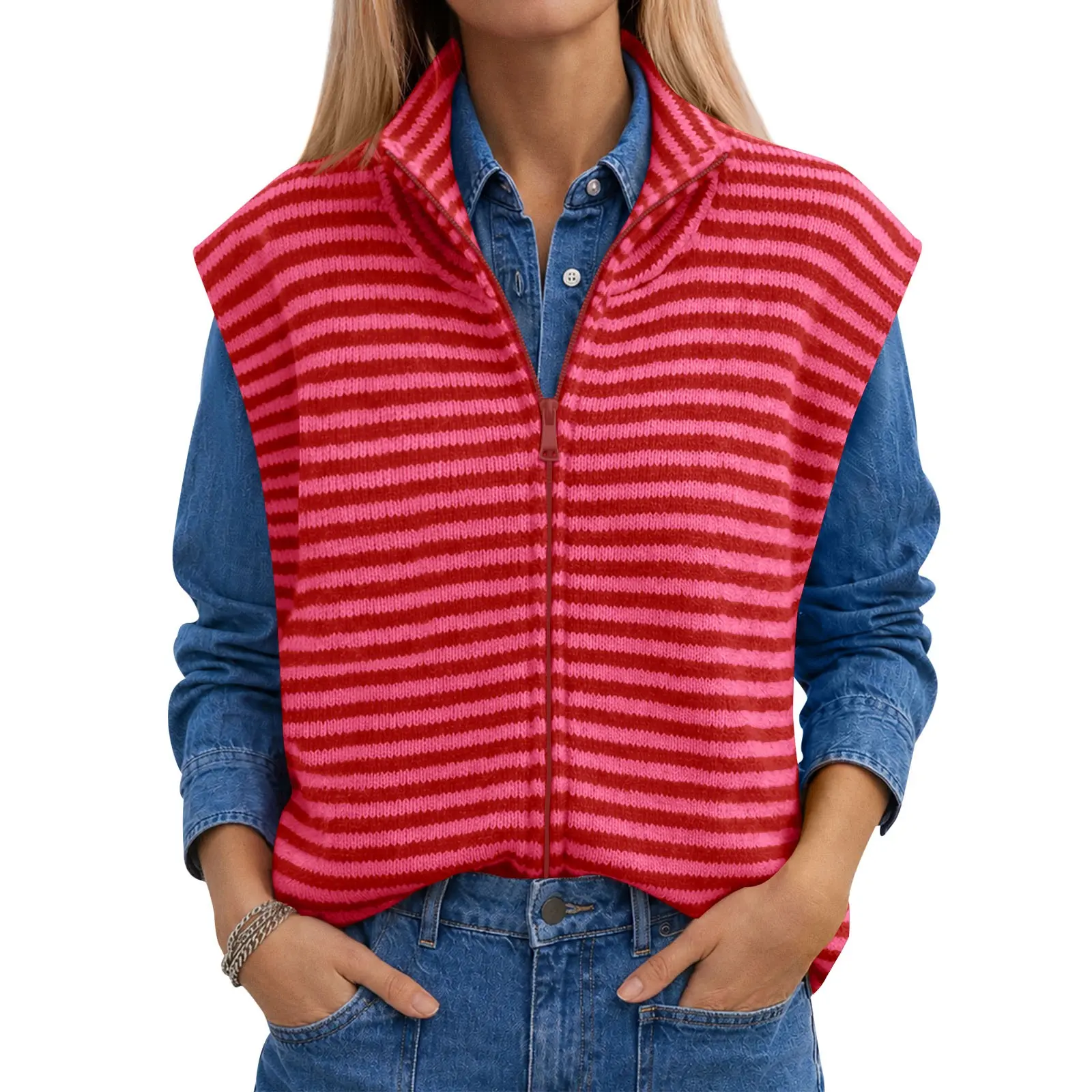 Saodimallsu Women Striped Cardigan Sweater Vest Fall Zip Up Knit Summer Top sohochic
