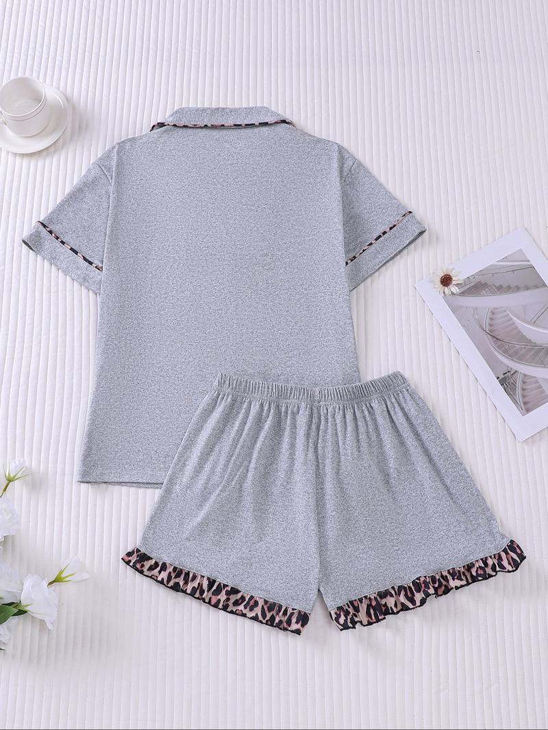 Women's Patchwork Contrast Binding Button Front Pocket Shirt & Ruffle Hem Shorts Pyjama Set, Casual Comfy Two-piece Pj Set, Ladies Summer Sleepwear, Pajama Set