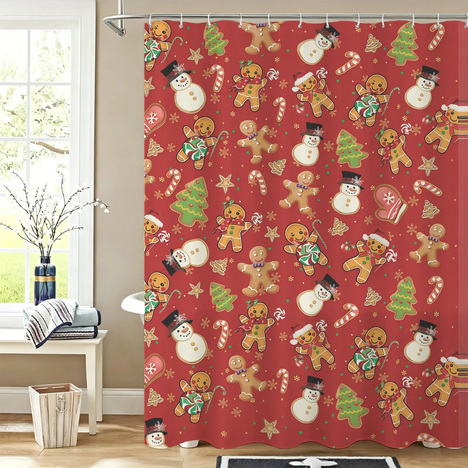 1Pc Christmas Gingerbread Man Print Shower Curtain, 72 Inches Decor Curtain with Hooks, Waterproof Bath Accessories, Machine Washable, For Adults Family Apartment, Creates Warm Festive Atmosphere for Bathroom Decor
