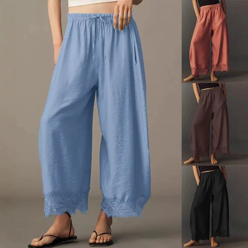 Women's Modest Islamic Lace-Trimmed Elastic Waist Loose Wide-Leg Pants - Bottoms