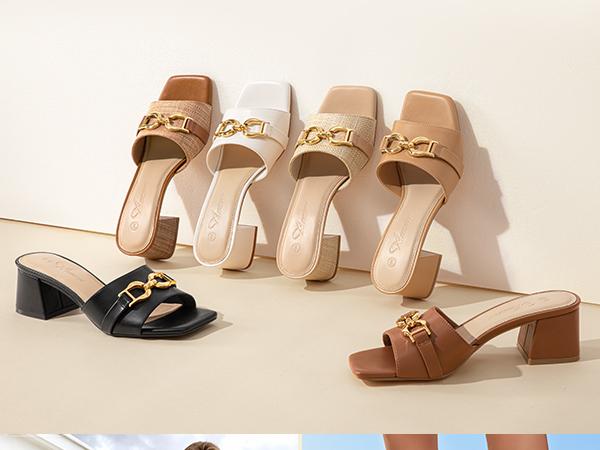 Athlefit Women's Raffia Heeled Sandals Square Open Toe Slip On Mules Chunky Block Heels with Metal Chain for Summer Vacation Athlefit Women's Raffia Heeled Sandals Square Open Toe Slip On Mules Chunky Block Heels with Metal Chain for Summer Vacation