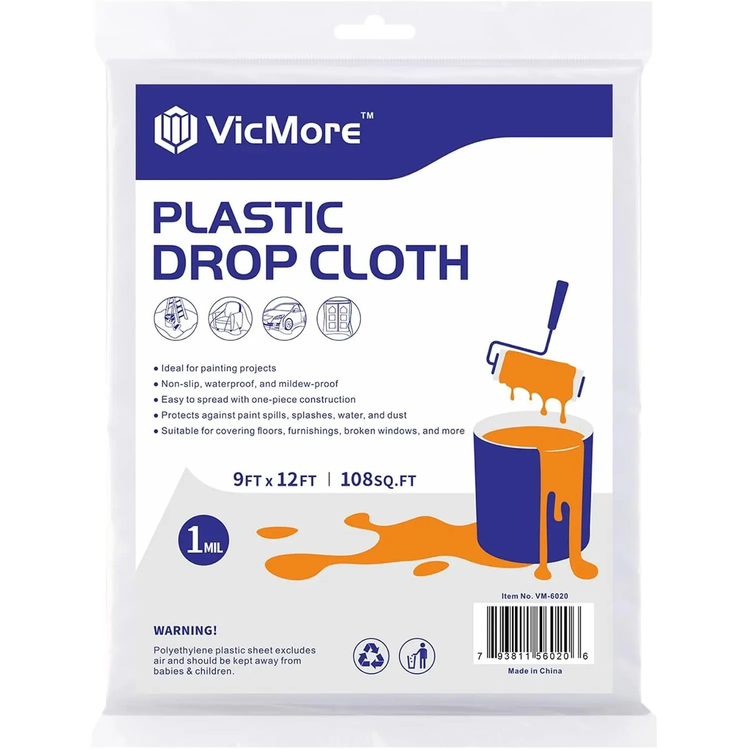Clear Plastic Drop Cloth 9 x 12 Ft, 1 Mil Plastic Sheeting for Painting, Floor & Furniture Cover, Waterproof Dust Barrier, Light-Duty Disposable Cover for DIY & Renovation