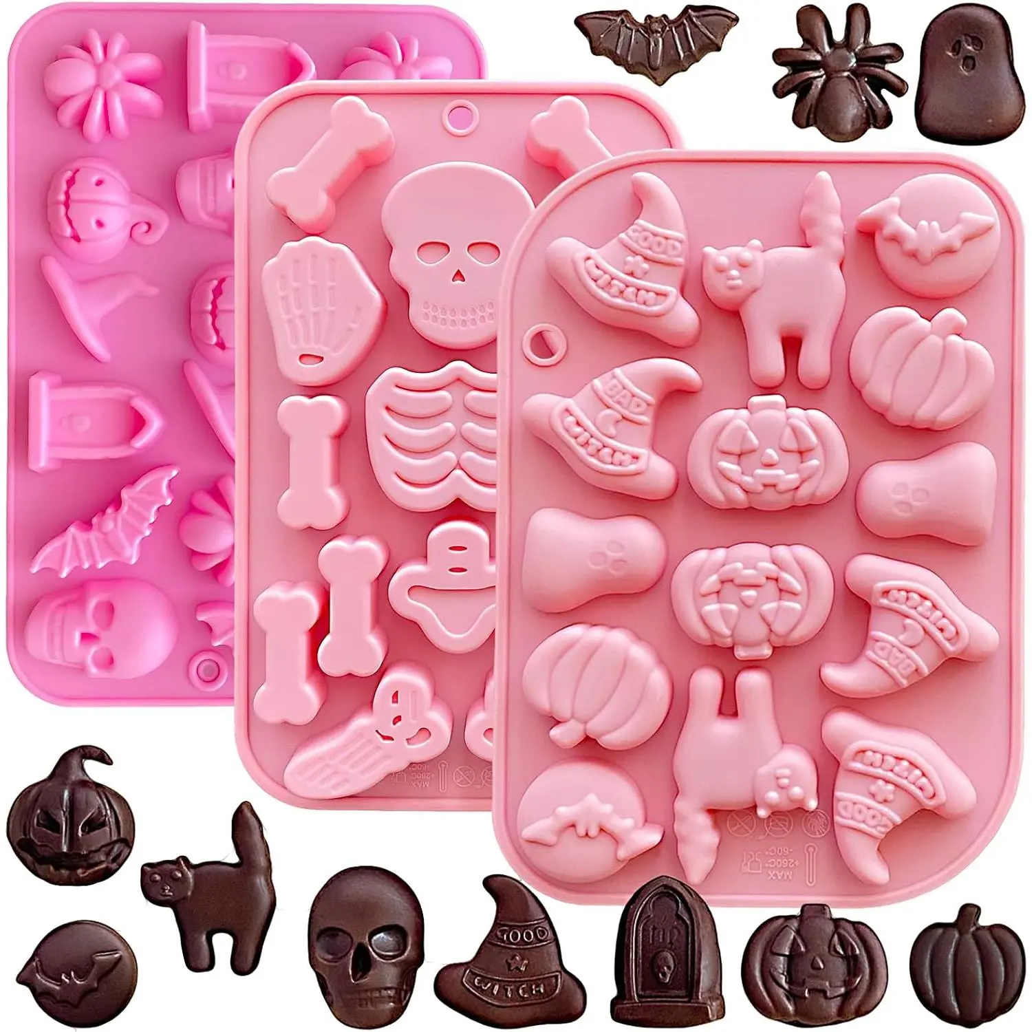 Halloween  Molds For Baking,3 Pack Halloween  Candy Molds Wiith Pumpkin Skull Skeleton  Bat  Mold for Ice Candle Soap Cake Cupcake Topper Decorating