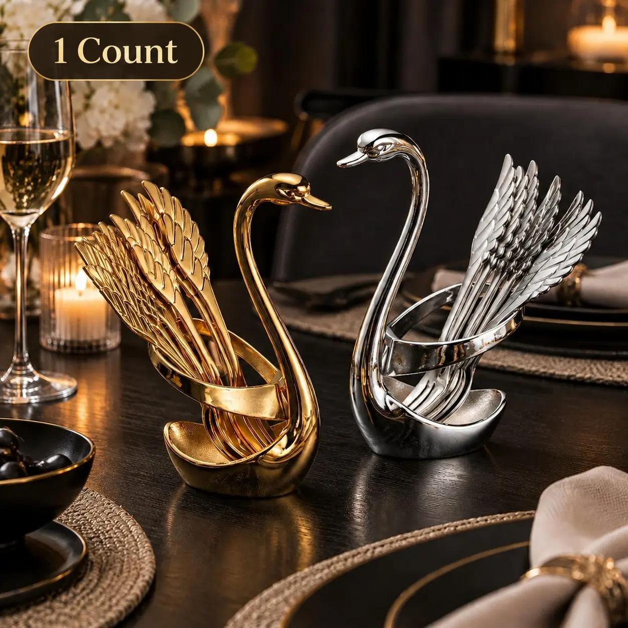 Swan Flatware Holder, Stainless Steel Fork and Spoon Organizer with Elegant Swan Design, Decorative Cutlery Table Centerpiece for Dining Room, Wedding Party, Home Decor and