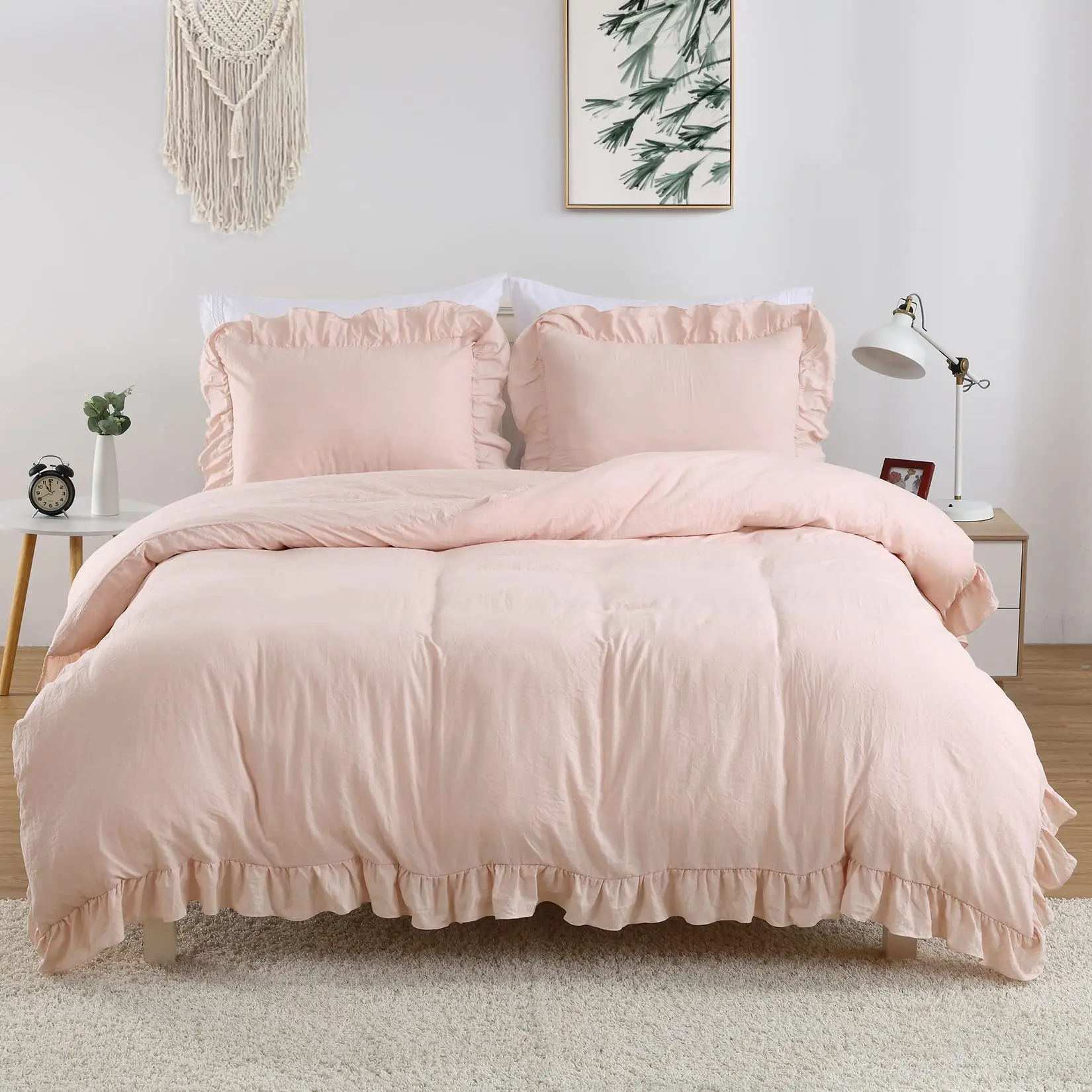 GARVEE Queen Size Pink Ruffled Edges Duvet Cover Set - 3PCS Soft Washed Microfiber, Vintage Country Style, Cozy Vibe for Everyday Use & Guest Room, 90x90 in, Washed Effect