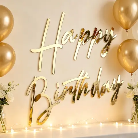 Acrylic Mirror Happy Birthday Wall Decals, Removable Peel and Stick Party Backdrop Decorations for Home Living Room Bathroom Office Dorm