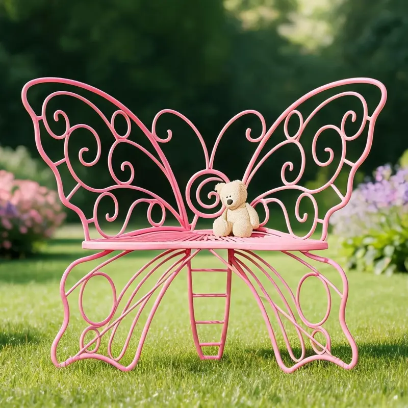 36-inch outdoor garden bench with lovely butterfly print metal frame, weather-resistant patio furniture ideal for yards, lawns, backyards and balconies, soft pink finish