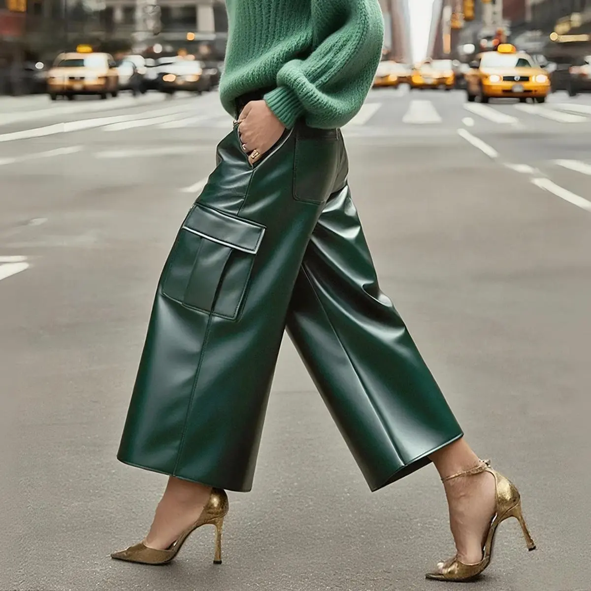 Women's High-Waisted PU Leather Pants, Thick Straight-Leg Loose Trousers with Pockets for Autumn Winter Business Casual, Bottom, Lady