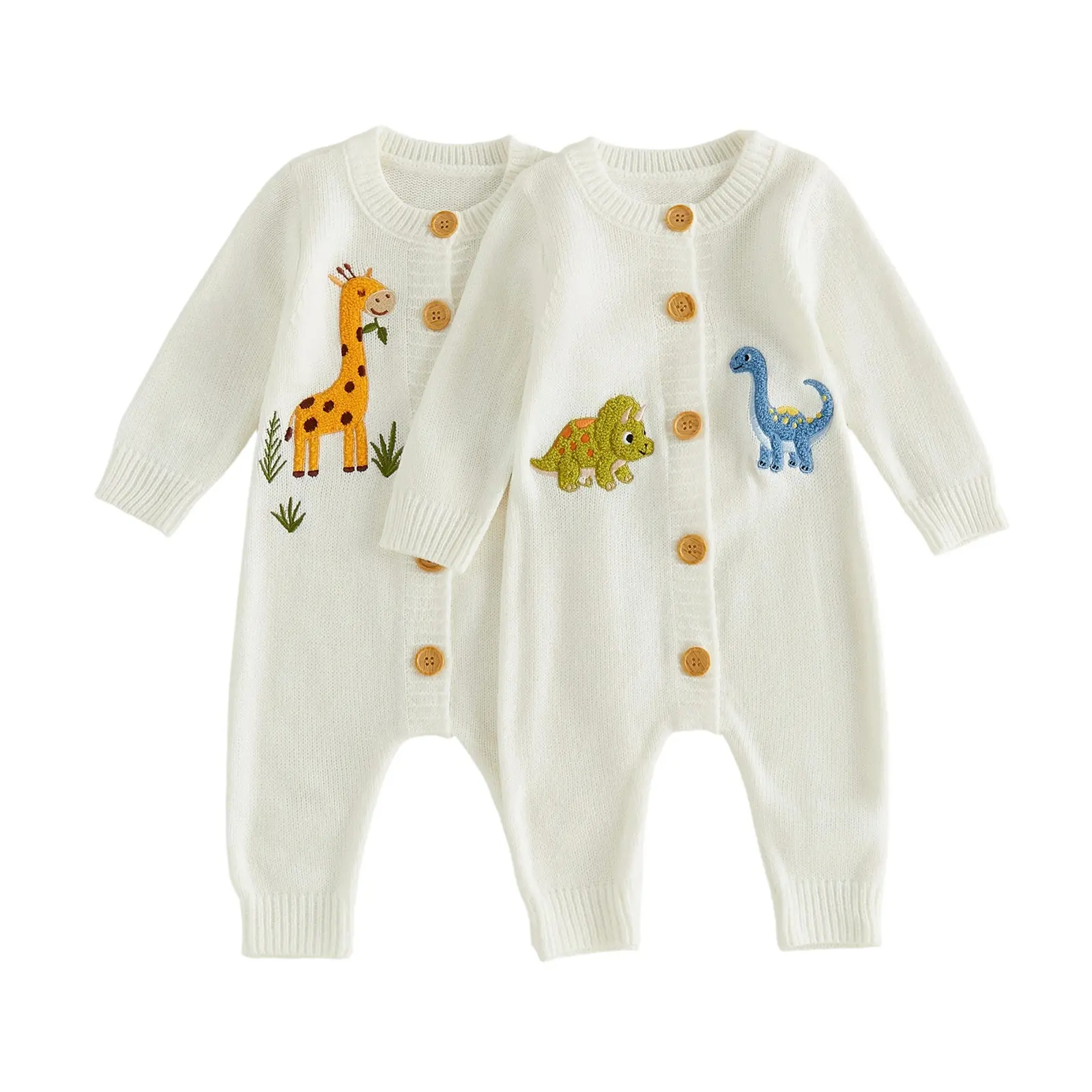 Newborn Baby Boy Girl Fall Winter Sweater Romper Casual Animal Embroidery Button up Long Sleeve Jumpsuit 0-12 Months
