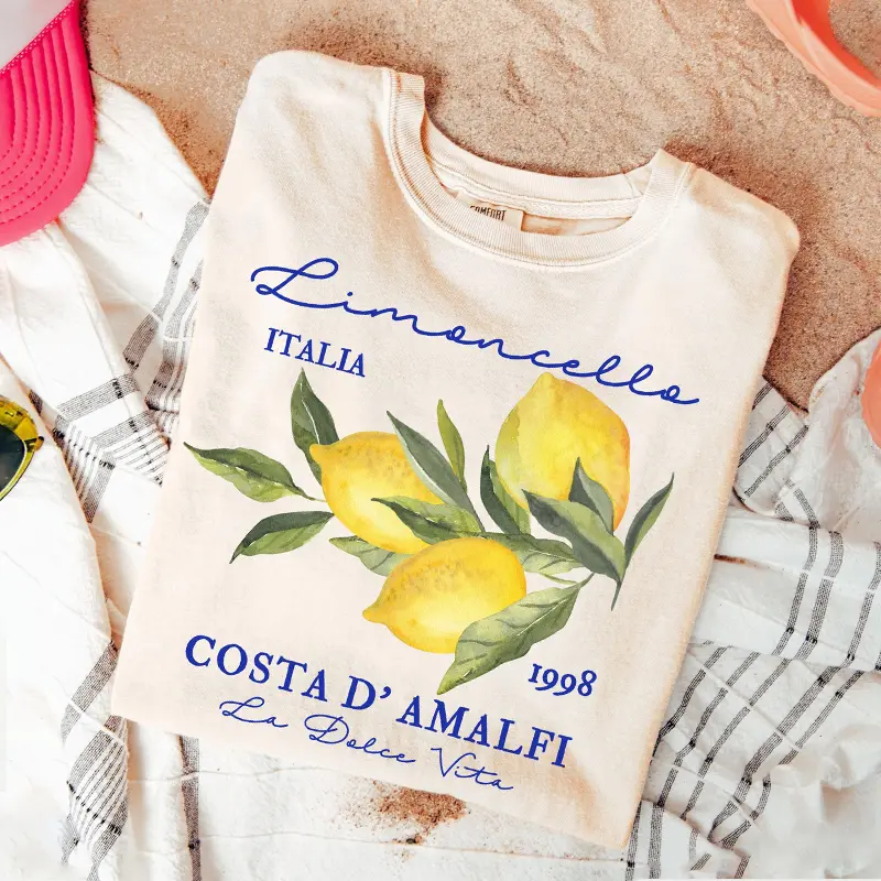 Women's Cotton Round Neck Short Sleeve Tee - Comfy Casual Streetwear T-Shirt with Soft Lemon Print, Amalfi Coast Aesthetic for Beach Vacation Daily Wear, Cloud, Tshirt, All Seasons, Machine Wash