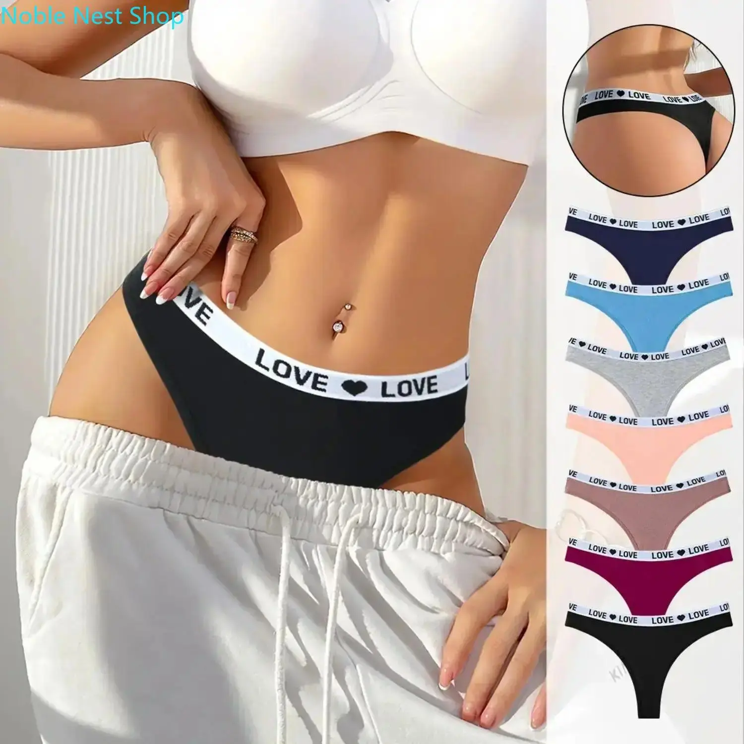 5/7-Pack Women’s Low-Rise Cotton Blend Thong Panties, Cute Heart Waistband Breathable Intimates, Comfort Invisible Active Underwear for Outdoor & Fall Daily Casual Wear
