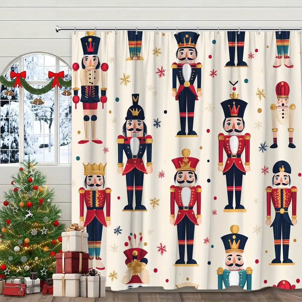 Christmas Nutcracker Shower Curtain with Hooks, Festive Holiday Soldier Bathroom Decor, Washable Waterproof Curtain