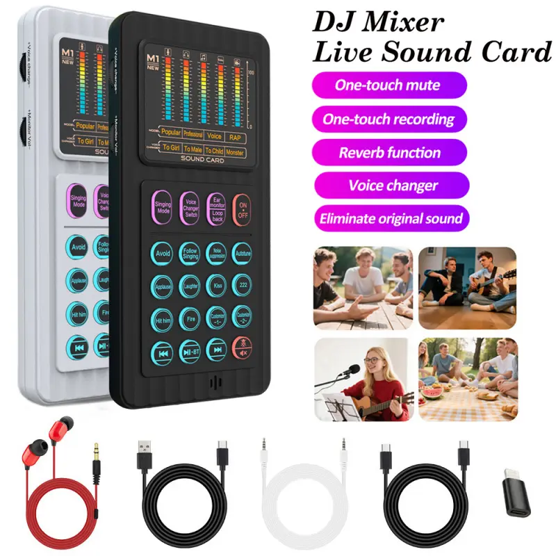 Handheld live streaming microphone device, handheld sound card set, portable voice changer device, audio mixer with voice changing / noise reduction functions, used for podcasting, broadcastin, Recording, Audio Equipment