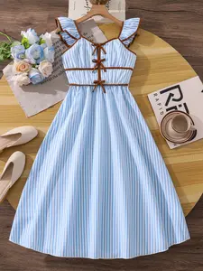 Girls' Colorblock Striped Dress, Halter Neck Ruffle Sleeve with Bow Decoration, Waist Cinch Medium-Length Skirt, Sweet and Fresh Style