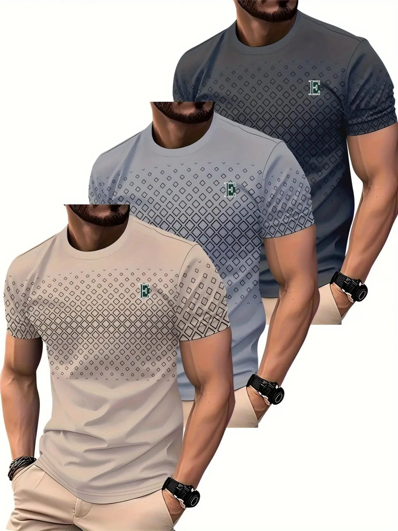 3-Pack Summer Men's Round Neck Short Sleeve T-Shirts, Fashion Gradient Plaid Print, Casual Slim-Fit, Breathable Lightweight Daily Wear