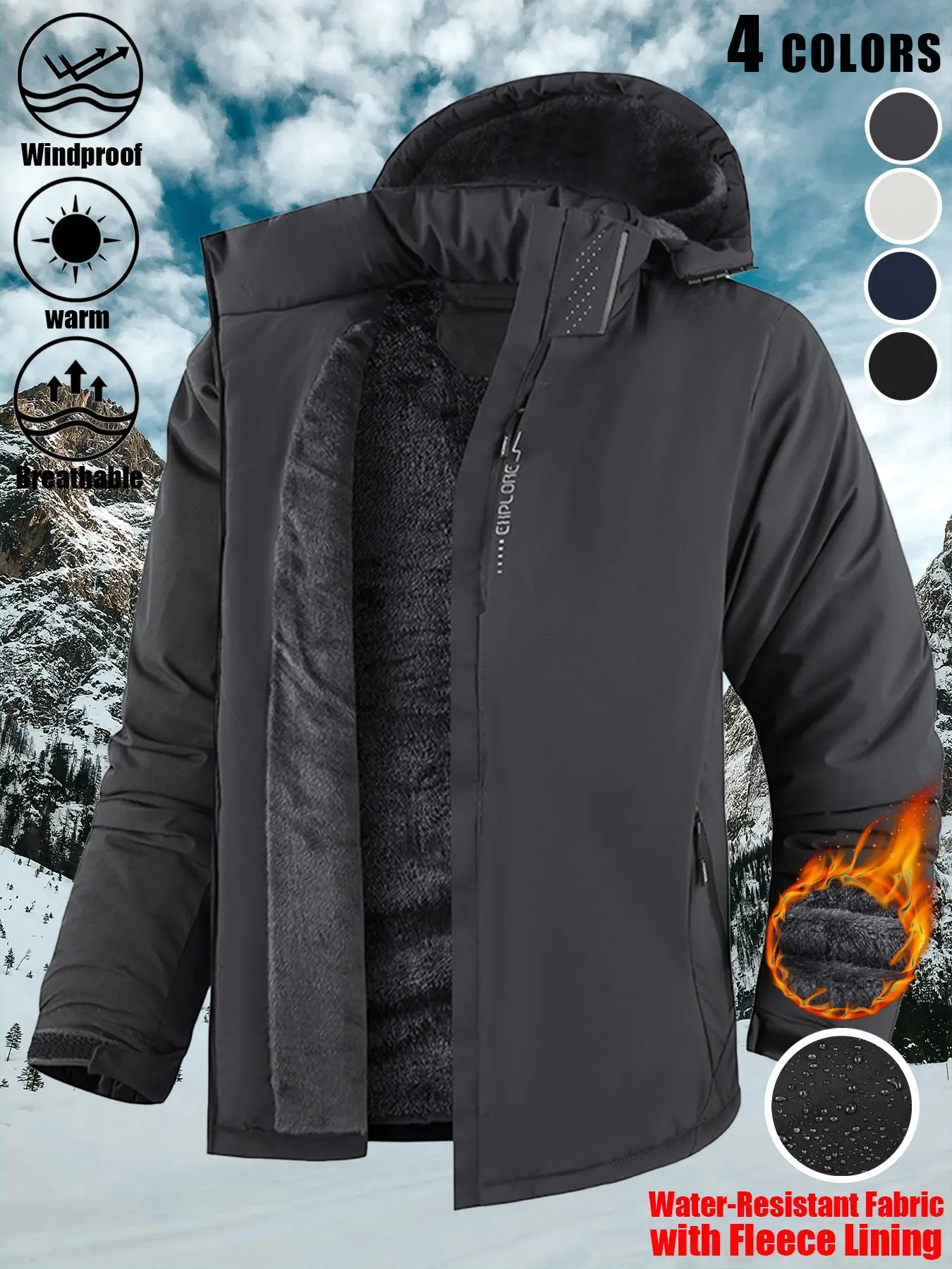 1 Pack Men's Casual Hooded Fleece-Lined Softshell Jacket Waterproof Windproof Warm Breathable Stand Collar Full Zip Reflective Stripe Chest Zip Pocket Side Pockets Adjustable Cuffs Outdoor Coat 4 Colors Daily Commute Hiking Camping Sports Layering