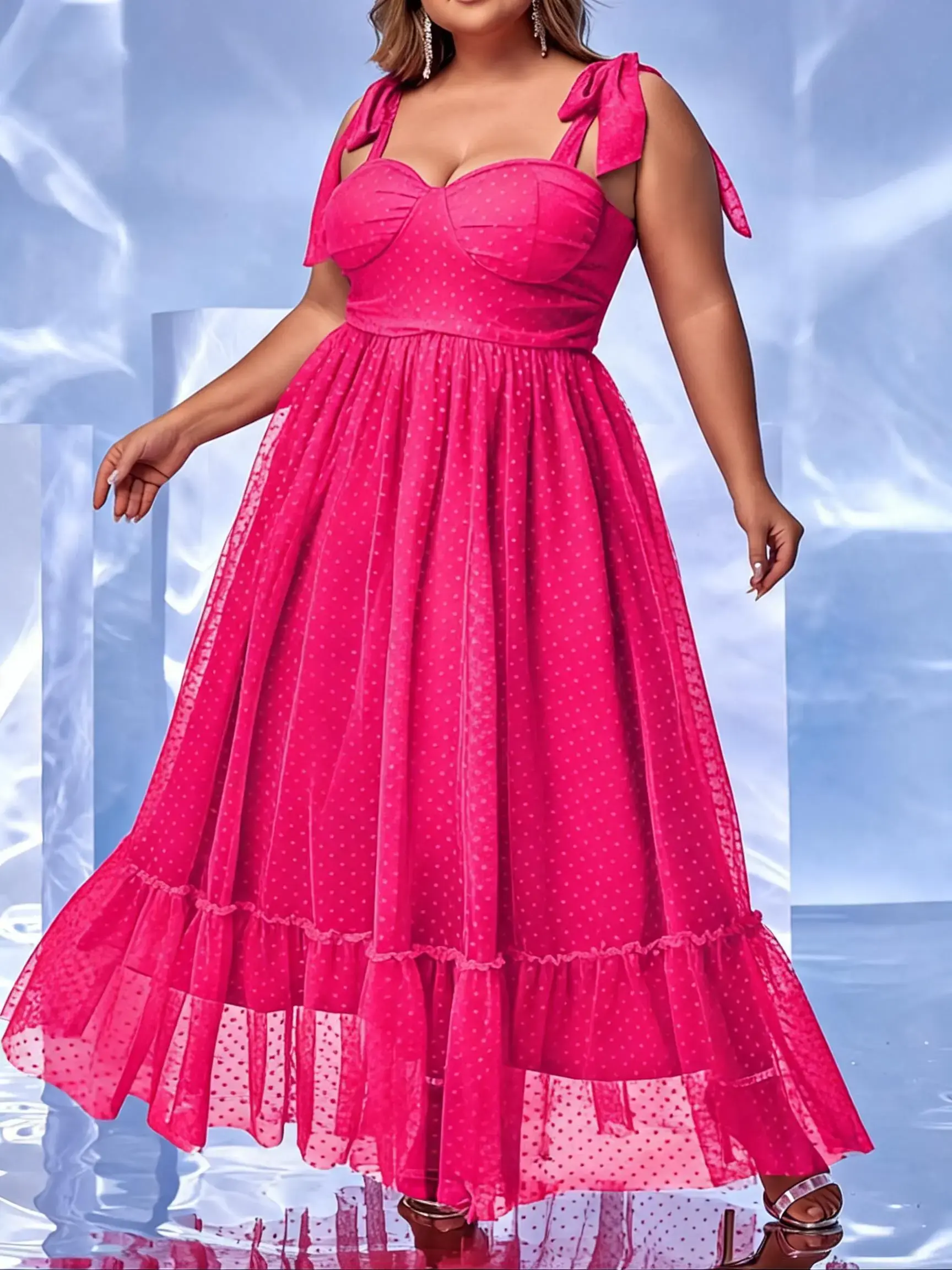 [Plus Size] Tie Shoulder Mesh Overlay Formal Evening Party Dress, Ruffle Hem Dress, Elegant Comfortable Long Dress for Birthday Party Prom Wedding Guest, Women's Summer Clothes, Glam Gown, Formal Gowns, Dresses For Party, Womenswear