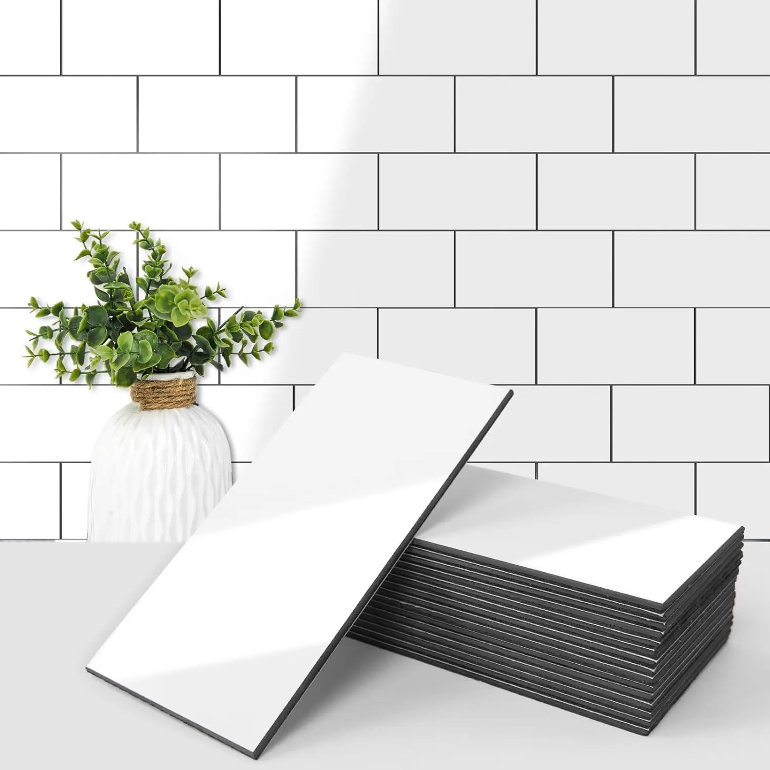 Glossy White Synthetic Peel & Stick Stickers, 3in. × 6in. Modern Gloss Subway Wall Tile for Kitchen Backsplash, Bathroom, Home Improvement Building Supplies