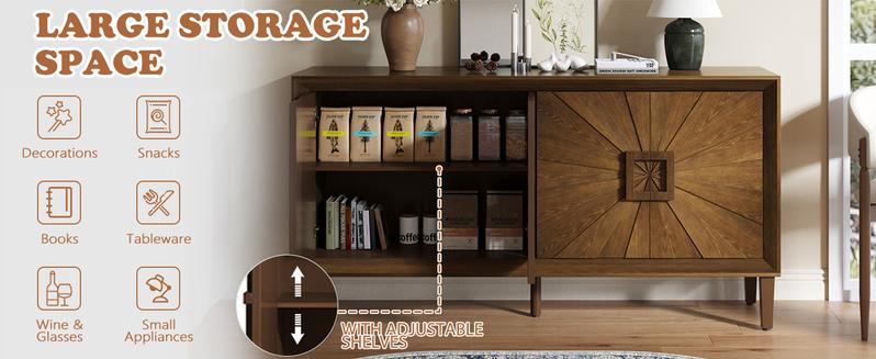 Sideboard Buffet Cabinet, 60" Large Accent Credenza Cabinet with Sunburst 4 Doors & Adjustable Shelf for Living Room, Rustic Brown Kitchen Buffet Table with Storage, TV Stand Media Console